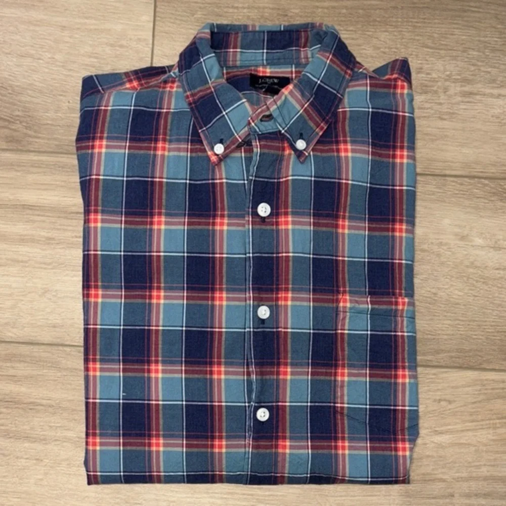 J. Crew Navy and Red Checkered button down Shirt heathered cotton large
